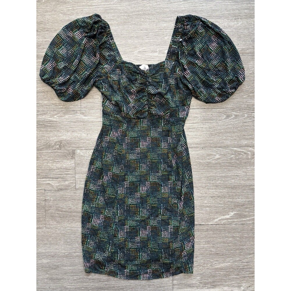 CAbi Elaine Dress In A Multicolored Green Geometric Pattern Puff Sleeves Size S